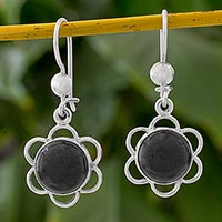 Jade dangle earrings, 'Country Flower' - Black Jade Flower Shaped Dangle Earrings from Guatemala
