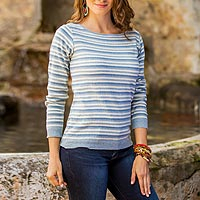 Cotton sweater, 'Wedgwood Horizon' - Women's Blue and Ivory Striped Soft Cotton Pullover Sweater