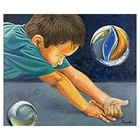 'Playing Marbles' (2016) - Original Signed Oil Portrait of a Boy Playing Marbles