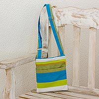Cotton sling bag, 'Citron Combination' - Handwoven Striped Cotton Sling Handbag from El Salvador