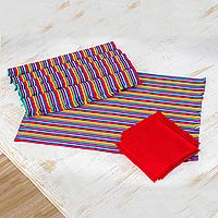 Cotton placemats and napkins, 'Rainbow Inspiration' (set of 6) - Set of 6 Multicolored Striped Cotton Placemats and Napkins