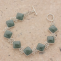 Jade link bracelet, 'Studded Path in Green' - Green Jade and Sterling Silver Bracelet from Guatemala