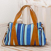 Cotton and leather accent shoulder bag Marine Stripes Guatemala