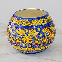 Ceramic vase, 'Sunbathed Flowers' - Handcrafted Painted Ceramic Floral Vase from El Salvador