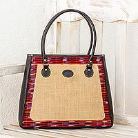 Cotton accent leather and jute shoulder bag,