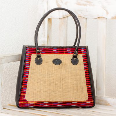 Cotton accent leather and jute shoulder bag, Beauty of Simplicity