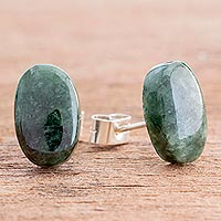 Jade button earrings, Oval Simplicity in Dark Green