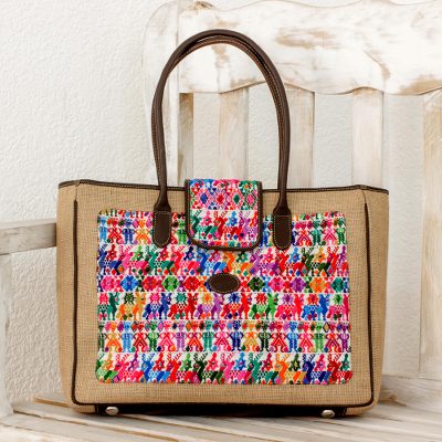 Cotton and leather accent jute shoulder bag, Country Geometry in White