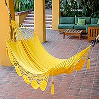 Cotton hammock, 'Fresh Air in Yellow' (single) - Hand Woven Yellow Cotton Hammock from Nicaragua (Single)