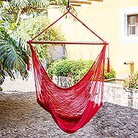 Cotton hammock swing,'Relax in Red' - Hand Woven Red Cotton Hammock Swing