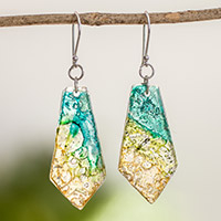 Recycled CD dangle earrings, 'Vibrant Ocean' - Handmade Recycled CD Dangle Earrings from Guatemala