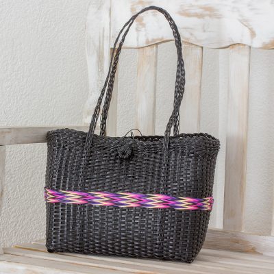 Recycled plastic tote, 'Walk in the Country' - Recycled Plastic Tote with Rainbow Stripe from Guatemala