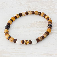 Jasper and jade beaded stretch bracelet, 'Brown Combination' - Jasper Jade and Coconut Shell Beaded Bracelet from Guatemala