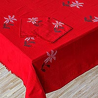 Cotton tablecloth and napkin set, 'Easter Flowers' - Red Cotton Tablecloth and Napkin Set with Easter Flowers