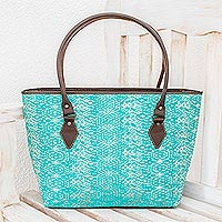 Leather accent cotton shoulder bag, 'Guatemalan Ikat' - Guatemalan Leather Accent Cotton Shoulder Bag in Turquoise