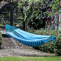 Cotton hammock, 'Over the Waves' (single) - Handwoven Cotton Single Hammock in Azure from Guatemala