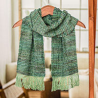 Rayon scarf, 'Sage Green Love' - Green and Purple Handwoven Striped Rayon Scarf