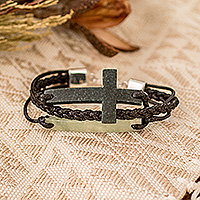 Jade pendant bracelet, 'Heavenly Cross in Dark Green' - Jade Cross Bracelet in Dark Green from Guatemala