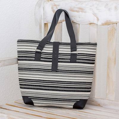 Cotton tote, 'Cultural Contrast' - Striped Cotton Tote in Black and White from Guatemala
