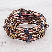 Garnet and lapis lazuli beaded wrap bracelet,