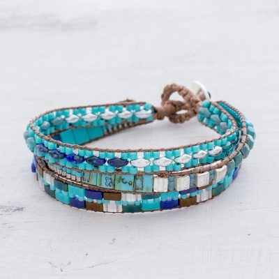 Glass beaded wristband bracelet, 'Pools of the City' - Glass Beaded Wristband Bracelet in Blue from Guatemala