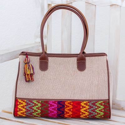 Leather accent cotton handbag, Ixcaco Beauty