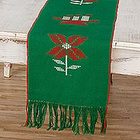 Cotton table runner, 'Christmas Gathering in Green' - Loom Woven Green 100% Cotton Table Runner from Guatemala