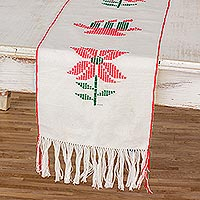 Cotton table runner, 'Christmas Gathering in White' - Guatemalan Loom Woven 100% Cotton Table Runner in White