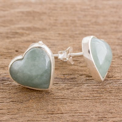 Jade button earrings, Love Reflection in Light Green
