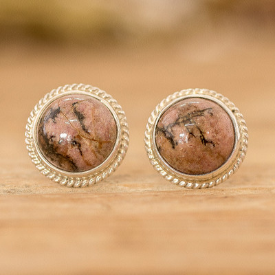 Rhodonite button earrings, Riveting Beauty