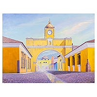 'Arch Street' - Signed Realist Cityscape Painting from Guatemala