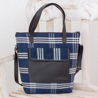 Leather accent cotton handbag, Traditional Style