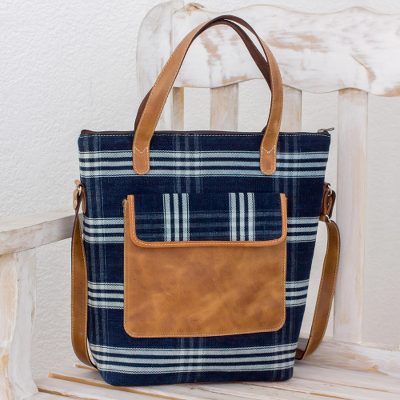 Leather accent cotton handbag, Traditional Chic