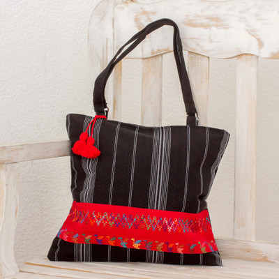 Cotton shoulder bag, 'Tactic Stripes on Black' - Handwoven Black Cotton Shoulder Bag from Guatemala