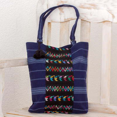 Cotton tote bag, 'Tactic Stripes in Navy' - Handwoven Striped Cotton Tote Bag in Navy from Guatemala