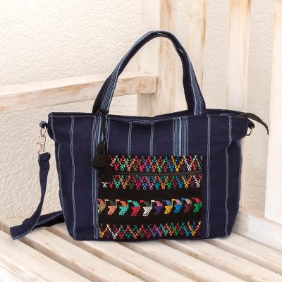 Cotton tote, 'Tactic Stripes in Navy' - Handwoven Striped Cotton Tote in Navy from Guatemala