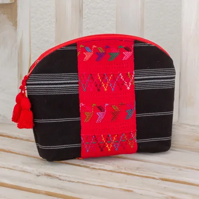 Cotton cosmetic bag, 'Tactic Stripes in Black' - Handwoven Cotton Cosmetic Bag in Black from Guatemala