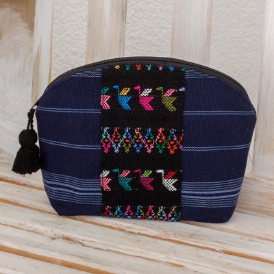 Cotton cosmetic bag, 'Tactic Stripes in Navy' - Handwoven Cotton Cosmetic Bag in Navy from Guatemala