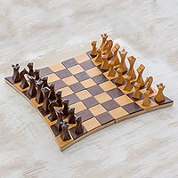 Wood chess set, 'Twisted Battle' - Tempisque and Salmwood Chess Set from Nicaragua