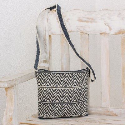 Crocheted cotton shoulder bag, Chevron Celebration in Grey