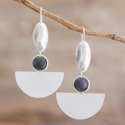 Onyx dangle earrings, Silver Sheen