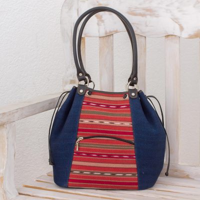 Leather accent cotton shoulder bag, Autumn Sky