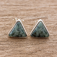Jade stud earrings, 'Triangle Perfection' - Jade and Sterling Silver Triangle Stud Earrings
