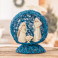 Natural fiber nativity scene, 'Star Nativity in Blue' - Blue Handcrafted Natural Fiber Nativity Scene with Star