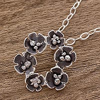 Sterling silver pendant necklace, 'Floret Wreath' - Handcrafted Sterling Silver Flower Wreath Pendant Necklace