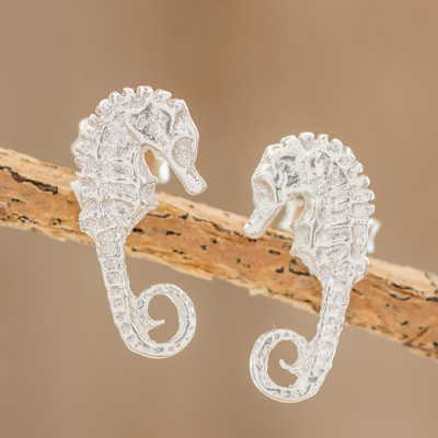 Sterling silver button earrings, Ocean Seahorse