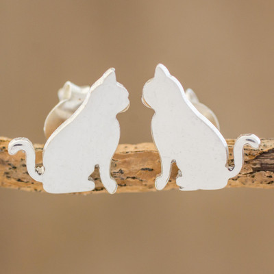 Sterling silver button earrings, Festive Feline