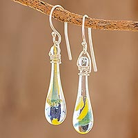 Glass dangle earrings, 'Bubbling Petals' - Colorful Glass Dangle Earrings from Costa Rica