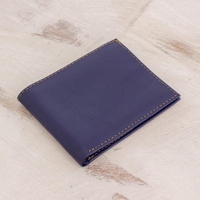 Leather wallet, 'Essential' - Hand Cut and Stitched Midnight Blue Bi-Fold Leather Wallet