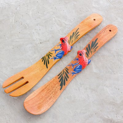 Wood salad servers, Long Frog Friends (pair)